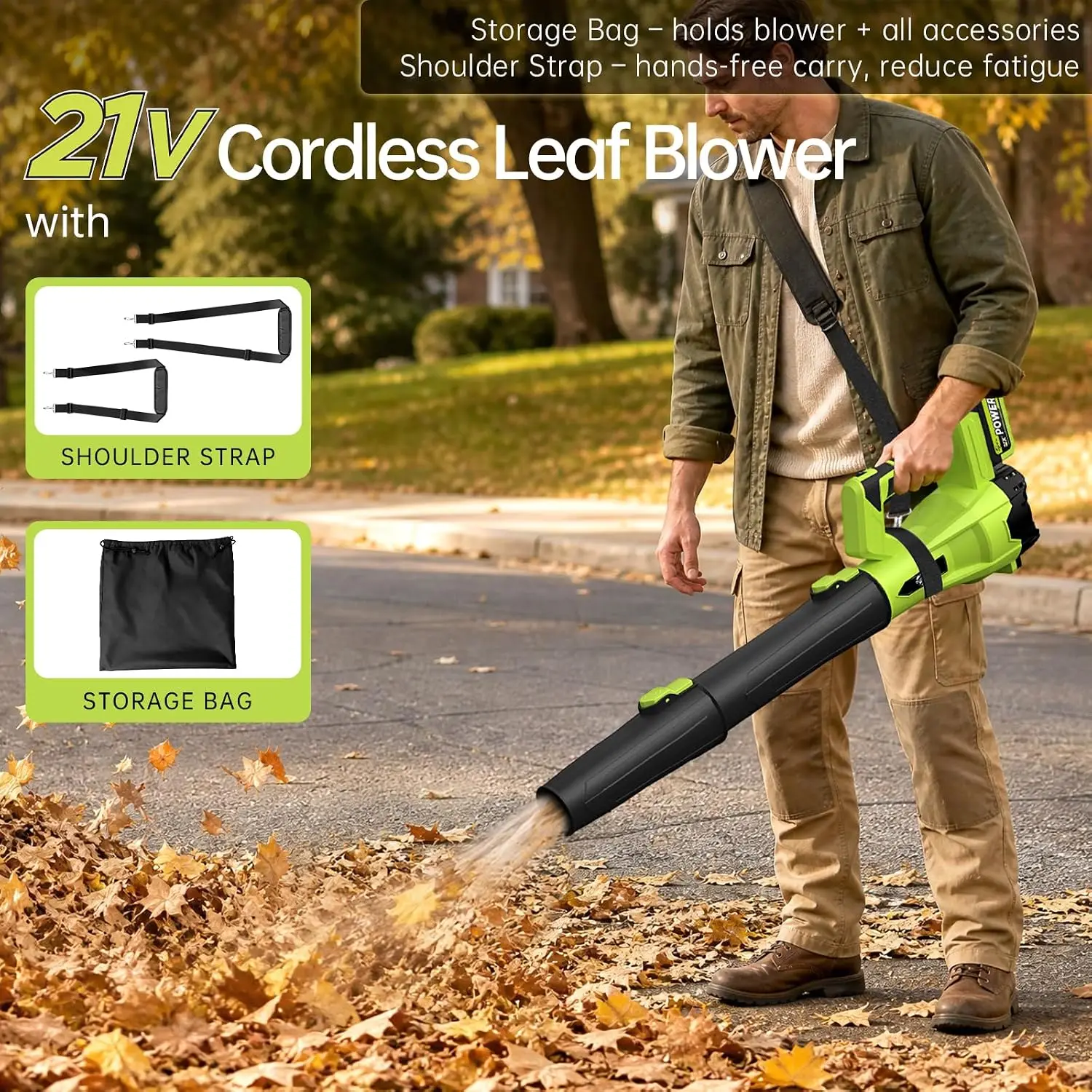 Cordless Leaf Blower with 6 Speed Settings, Battery-Powered Electric Blower Includes 2 x 4.0Ah Batteries and Charger, Dual Shoulder Straps, Storage Bag, for Lawn Care, Yard, Leaves, Dust, and Snow