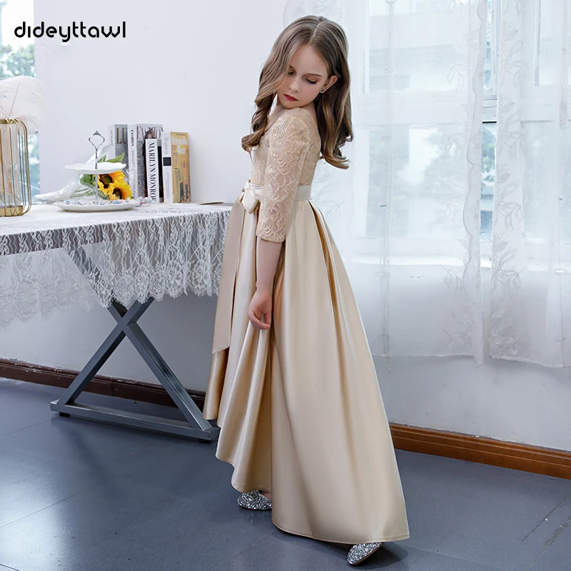 Dideyttawl-vestidos de encaje champán para niña, mangas 2/3, vestidos de princesa con cuello redondo, vestidos largos Hi-Low para fiesta de desfile de cumpleaños para niños