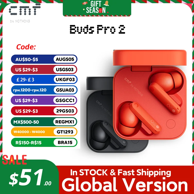 Global Verison CMF by Nothing Buds Pro 2 with 50 dB Hybrid Active Noise Cancellation 6 HD MICS IP55 Bluetooth 5.3 Buds Pro2