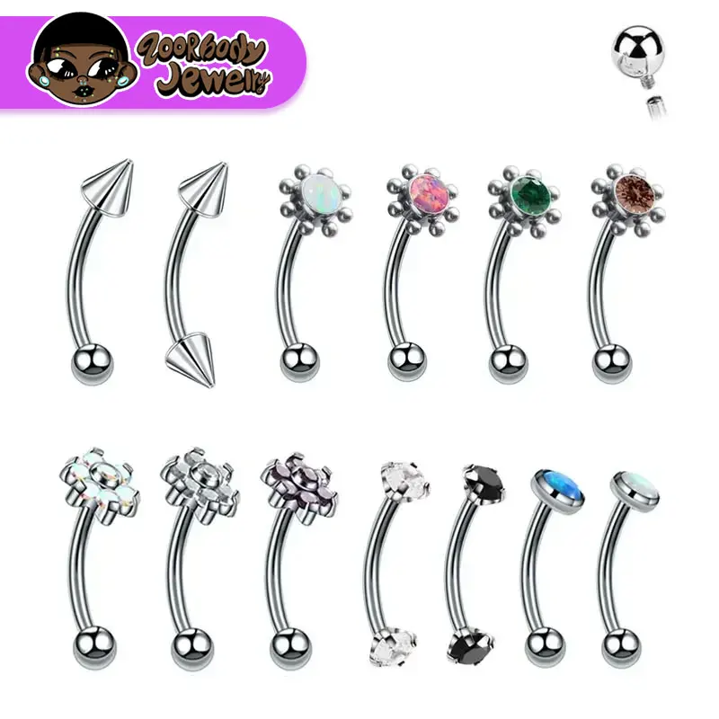 F136 titânio clássico sobrancelha piercing incrustado opala zircão 16g rosca interna banana curvado lábio umbigo piercing jóias