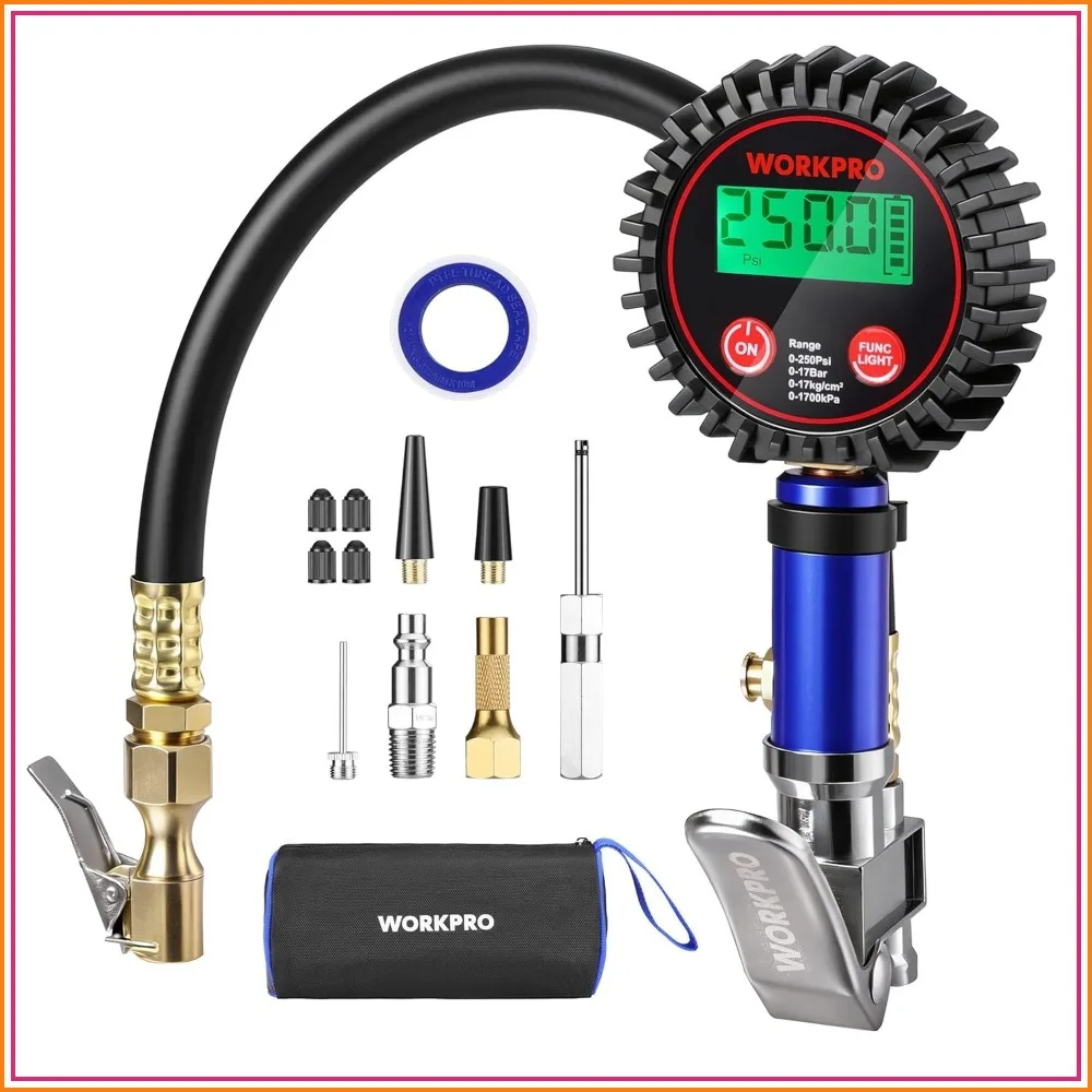 

12PCS Digital Tire Pressure Gauge with Inflator, 250 PSI Heavy Duty Air Compressor Attachments with Storage Bag, Brass Air Chuck & Rubber Hose for Vehicles