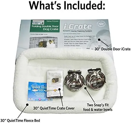 Double Door iCrate Starter Kit, 30-inch Dog Crate Bundle for Medium Breeds, Includes Cage, Pet Bed, 2 Bowls and Privacy