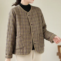 2024 New Autumn Light Weight Women Linen Coat Retro Plaid Casual Loose Quilted Baseball Jackets Cotton-Wadded Thin Parkas