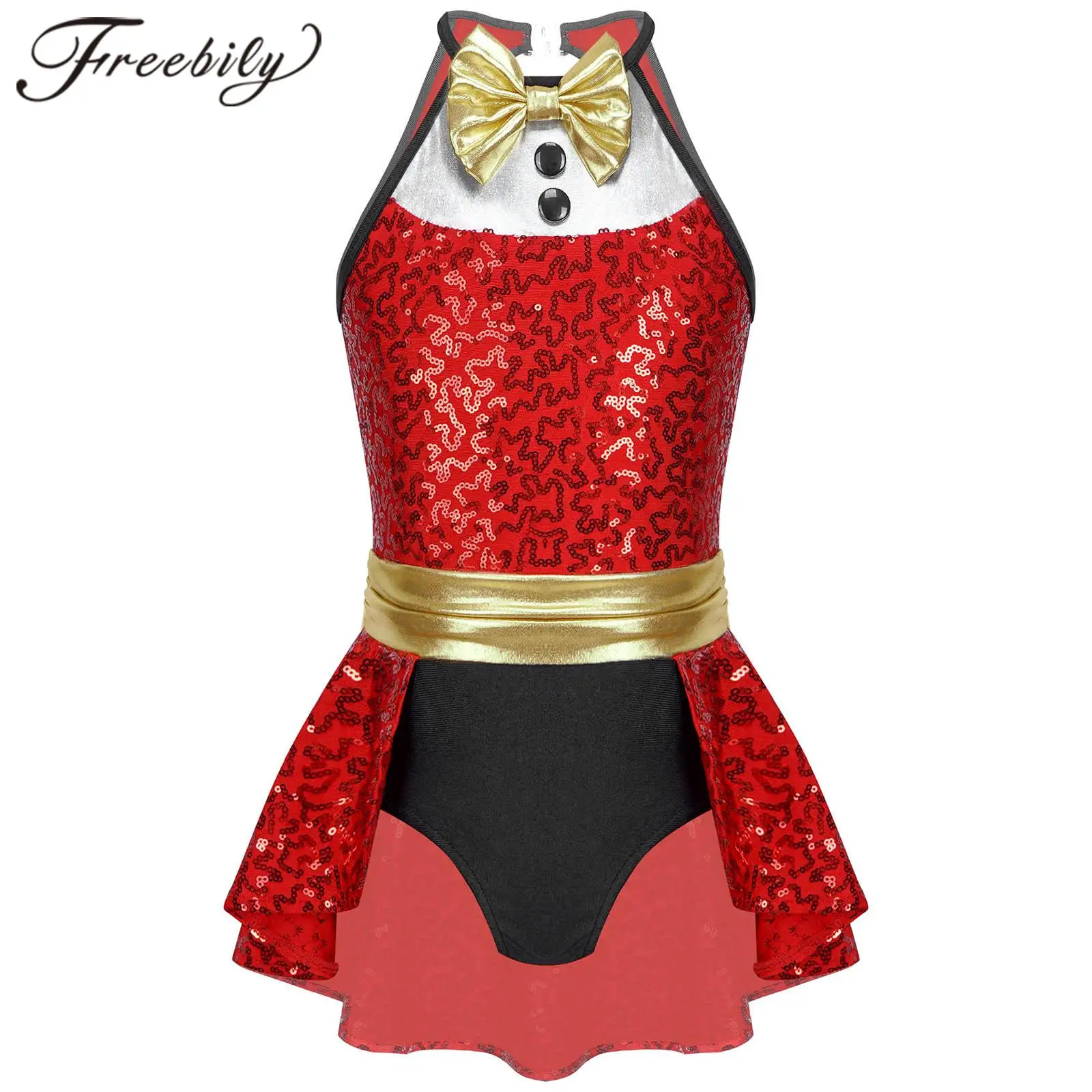 Kids Christmas Jumpsuit Dress Up Sequins Metallic Patchwork Gymnastic Leotard for Xmas Party Carniaval Stage Performance Costume