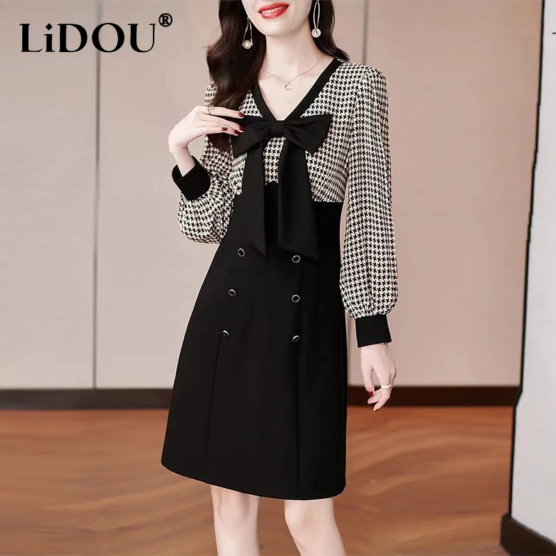 

Autumn Winter Elegant Fashion Plaid Patchwork Bow Dress Ladies Long Sleeve Vintage Waist Vestidos Women Casual A-line Robe Femme