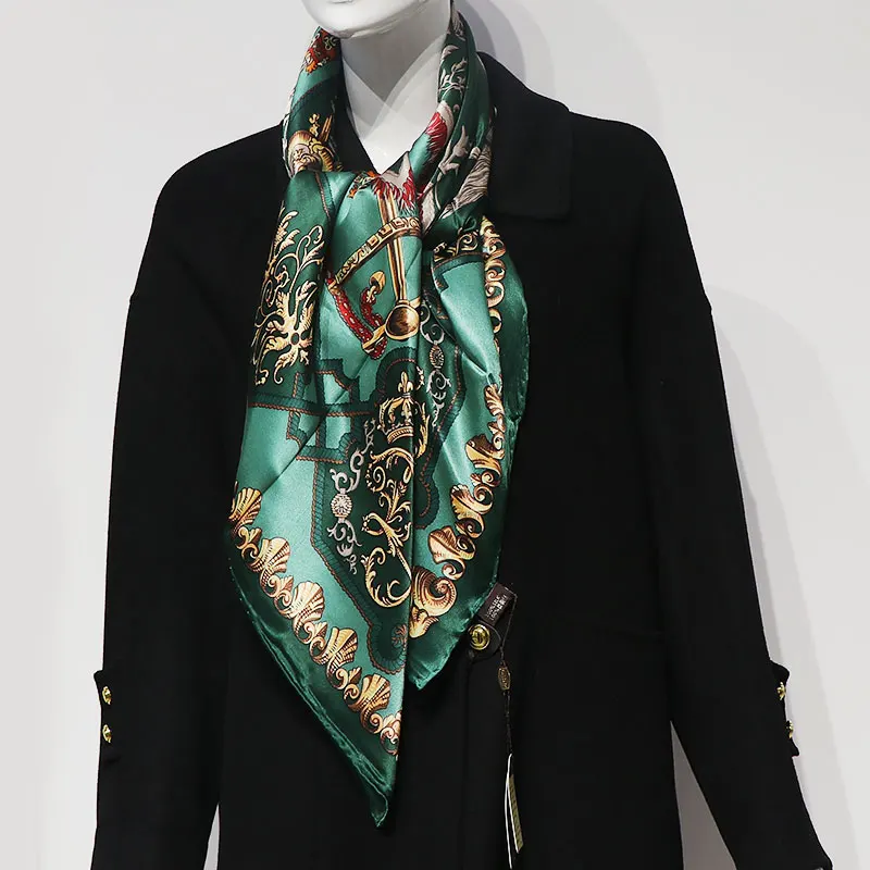 

French Aristocratic British Style Dark Green Silk Scarf for Women Spring & Fall Mulberry Silk Scarf Large Square Scarf Shawl