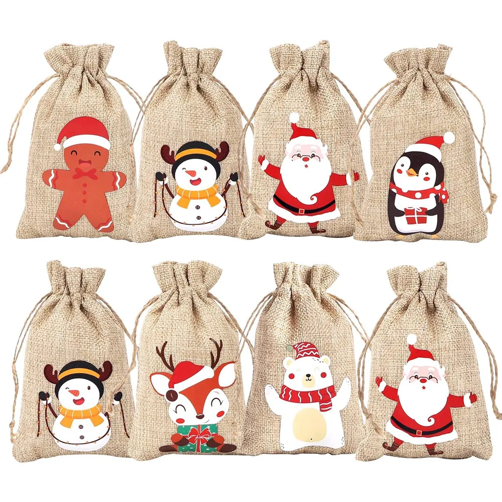 30pcs/lot 10*15cm Christmas Tree Elk Santa Claus Linen Drawstring Pouches Children Christmas Gift Candy Cookie Packaging Bags