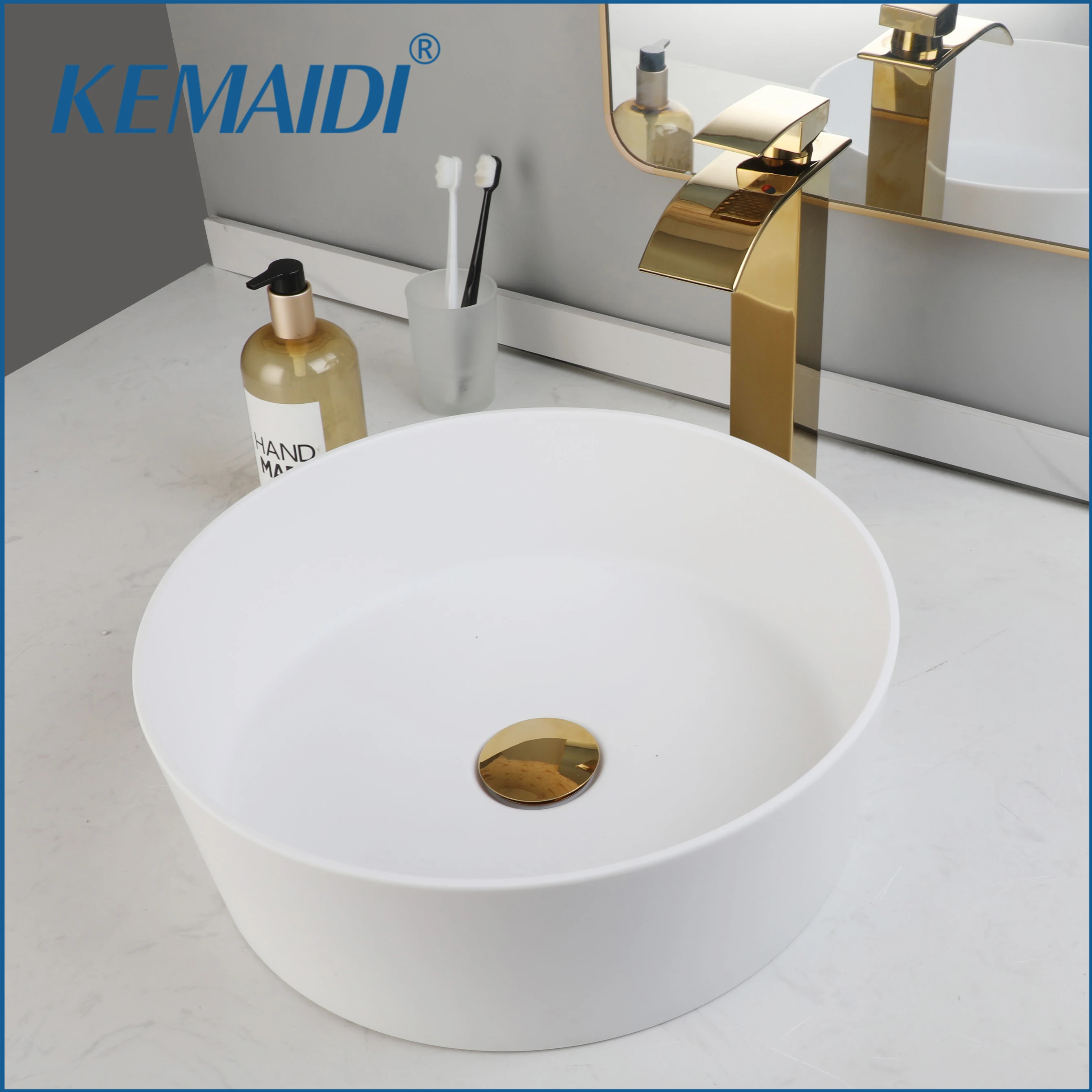 

KEMAIDI Bathroom Vessel Sink White 15.2“ Vessel Sink Bowl With Gold Faucet Above Counter Oval Bowl Sinks For Bathroom,Hotal