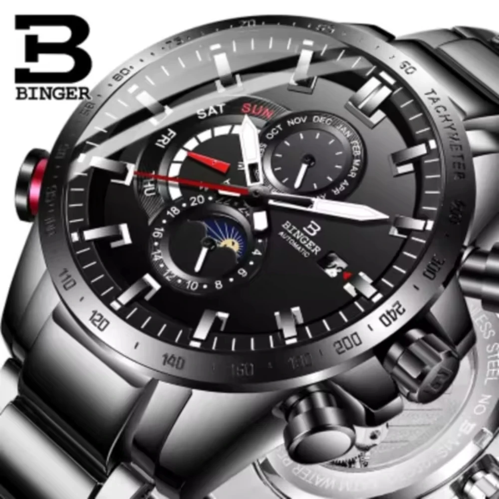 

Original BINGER Brand Mens Watches Automatic Mechanical Luminous Waterproof Running Calendar Sapphire Male Moon Phase