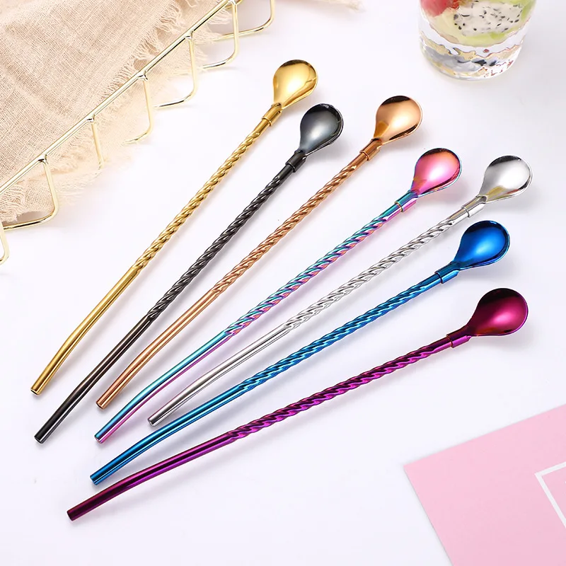 Long Twisted Straw Spoon Portable Gold Tea Scoop Reusable Colored Stainless Steel Straws Cocktail Coffee Stirring