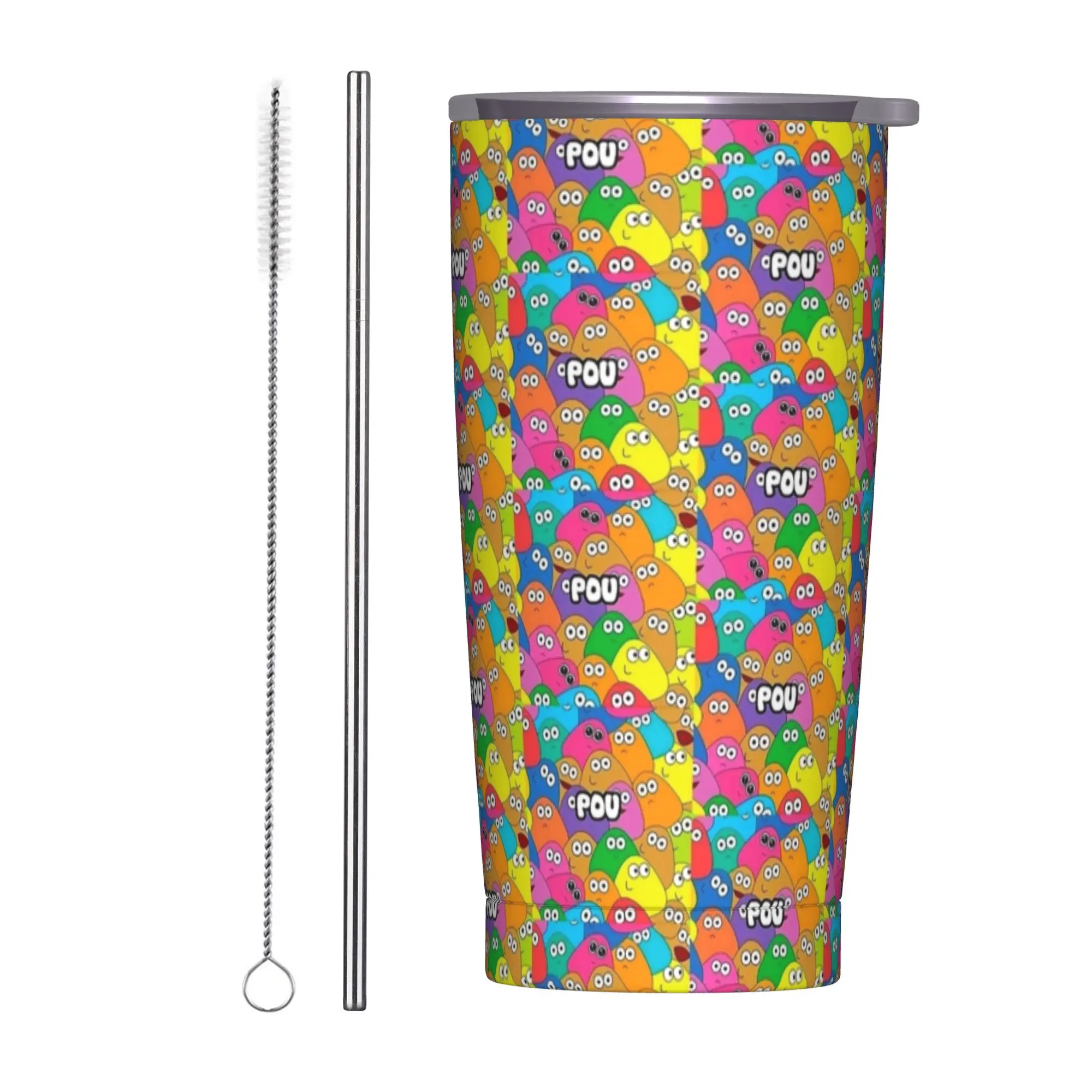Vaso Térmico de Acero Inoxidable con Diseño de Mi Mascota Alienígena Pou, con Tapa y Pajitas, Bonito Dibujo Animado, para Café, Oficina y Hogar, 20oz