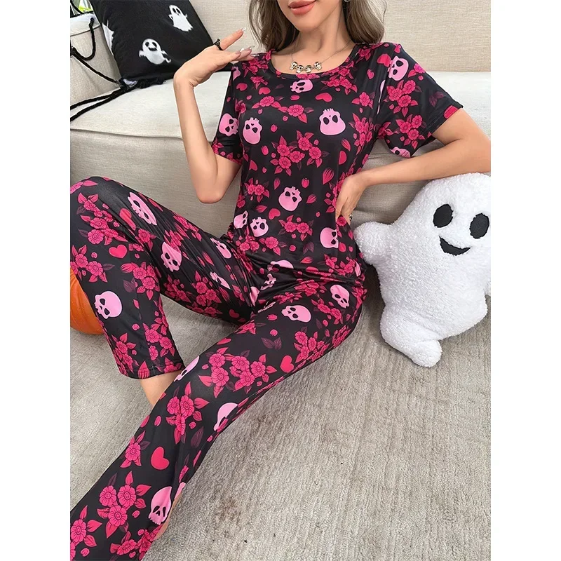 Summer Short Sleeve Pajamas Women\'s Simulation Silk Cool Homewear Halloween Printed Pants Set Pijamas Women Pijamas De Mujer