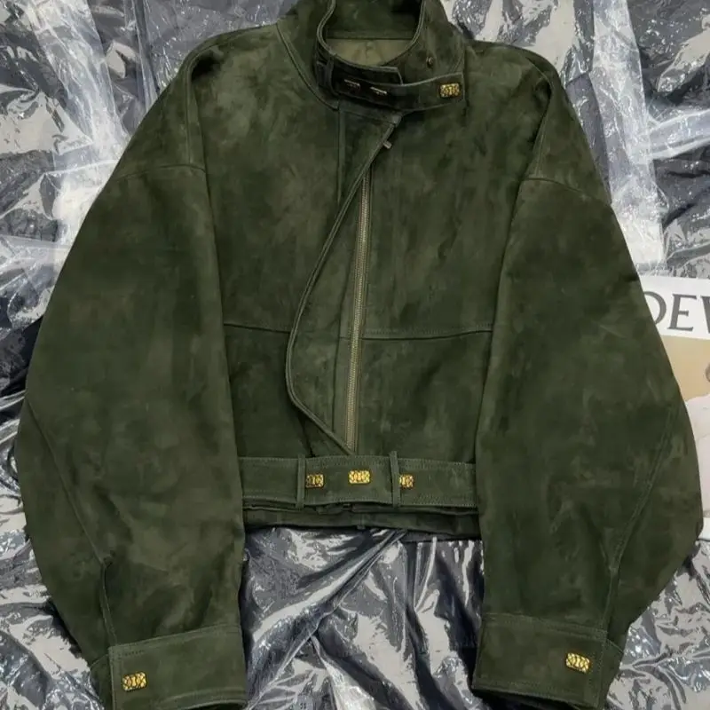 Green Suede Jacket Women Autumn Winter Stand Up Collar Zipper Outerwears Vintage Loose Office Lady Short Coat Top Streetwear