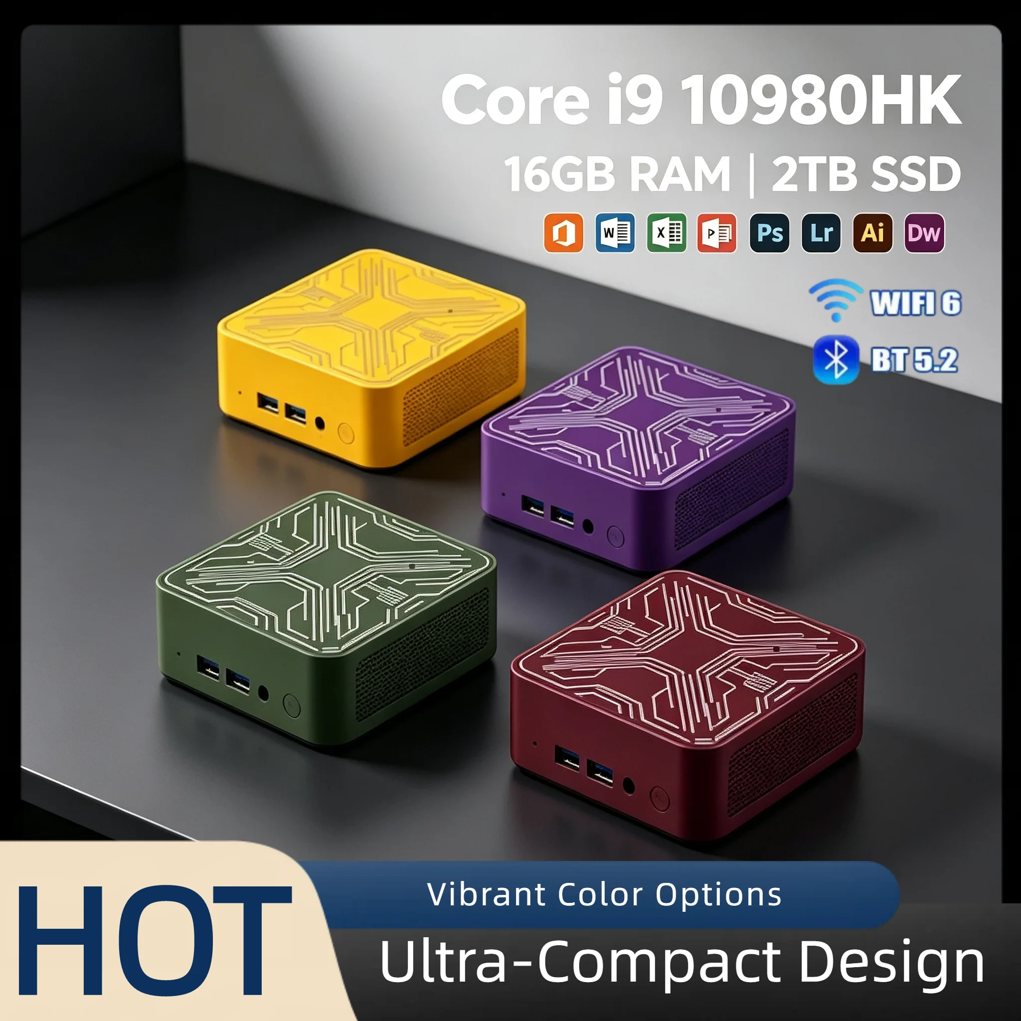 Intel Core i9-10980HK Small Form PC 16GB DDR4 2TB SSD Triple 4K HDMI WiFi6 BT5.2 Silent Cooling Home Office Desktop