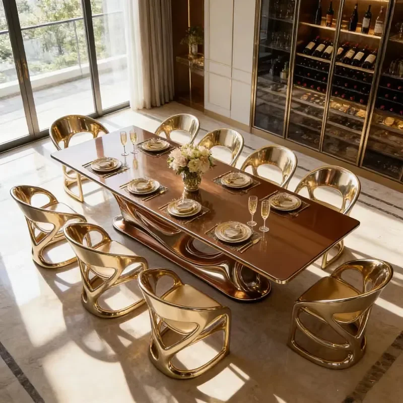 Modern Dining Table Set Gold Fiberglass Frame Glossy Marble Top Furniture Large Villa Rectangular Desk