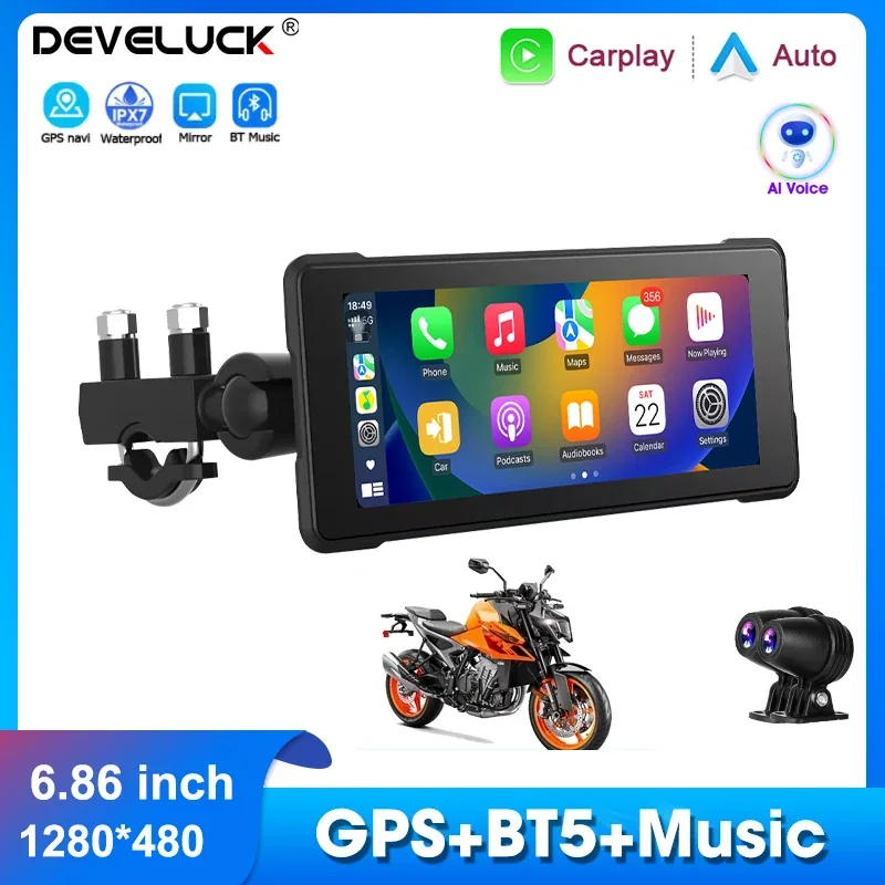 Develuck 6.86'' Motorcycle DVR IP7 Waterproof GPS navigator Dash Cam Wireless Carplay Android Auto Rear Camera Dual Bluetooth