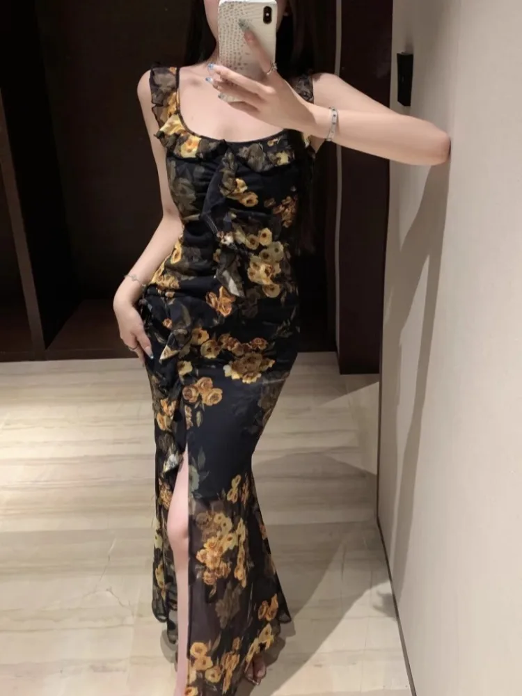 Ezgaga Women Dresses Temperament Ruffles Floral Printed Sleeveless Slim Split Vintage Elegant Party Dress Ladies Sexy Fashion