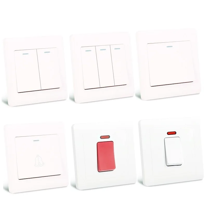 

UK Standard PC White Electrical Wall Switches 1Gang 2Gang 3Gang 4Gang Doorbell Airconditioner Water Heater 20A 45A Switch