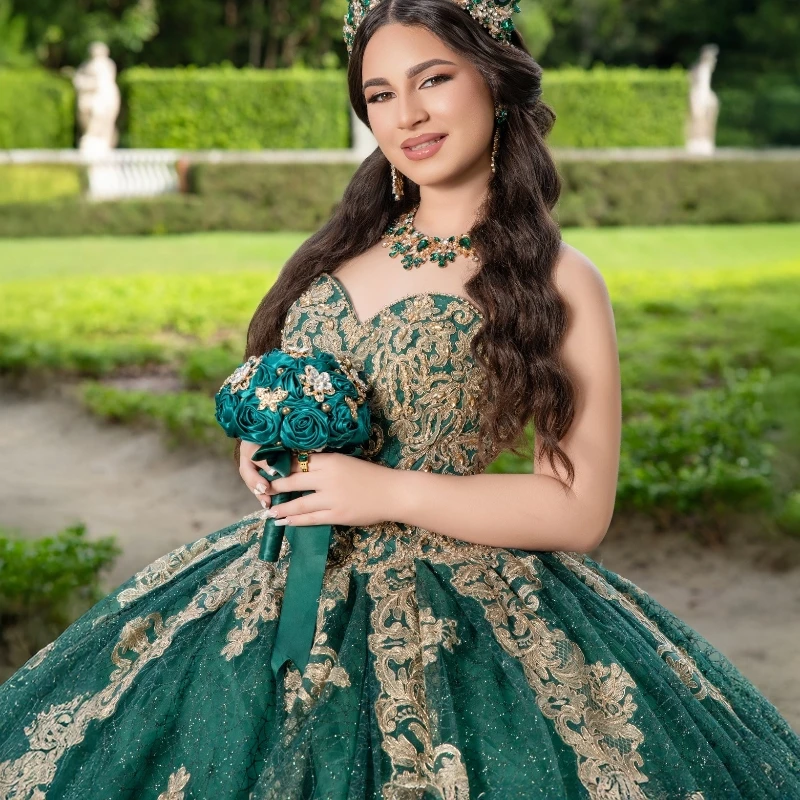 Green Shiny Quinceanera Dresses Ball Gown Gold Lace Applique Beading Tull Mexican Party Birthday Sweet 16 Vestidos De 15 Anos