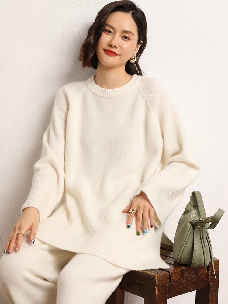 가을 겨울 캐주얼 루즈한 두꺼운 스웨터 그레이스 레트로 100% 캐시미어 니트 풀오버 솔리드 컬러 기본 사이드 스플릿 오피스 레이디