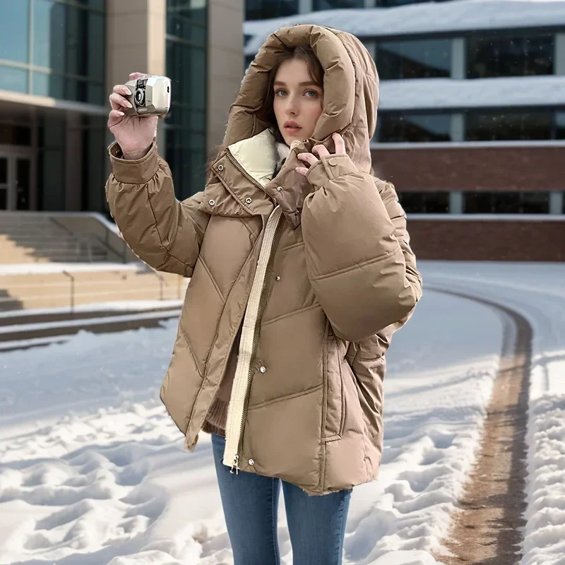 2024 Winter Women\'s Down Cotton Jacket Contrast Hooded Thicken Warm Parka Coats Top Female Single Breasted Short Bread Jacket