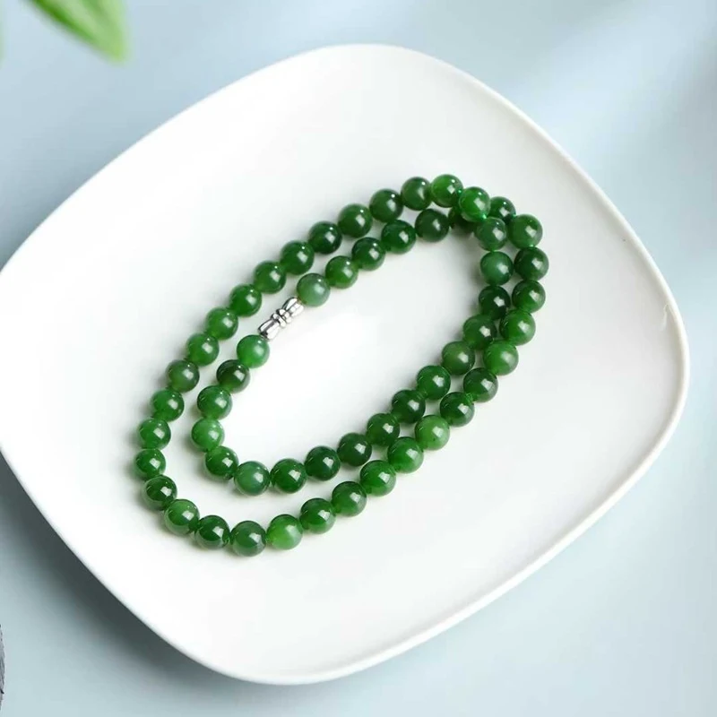 

Natural Hotan Russian Material Old Spinach Green Jade Necklace Women