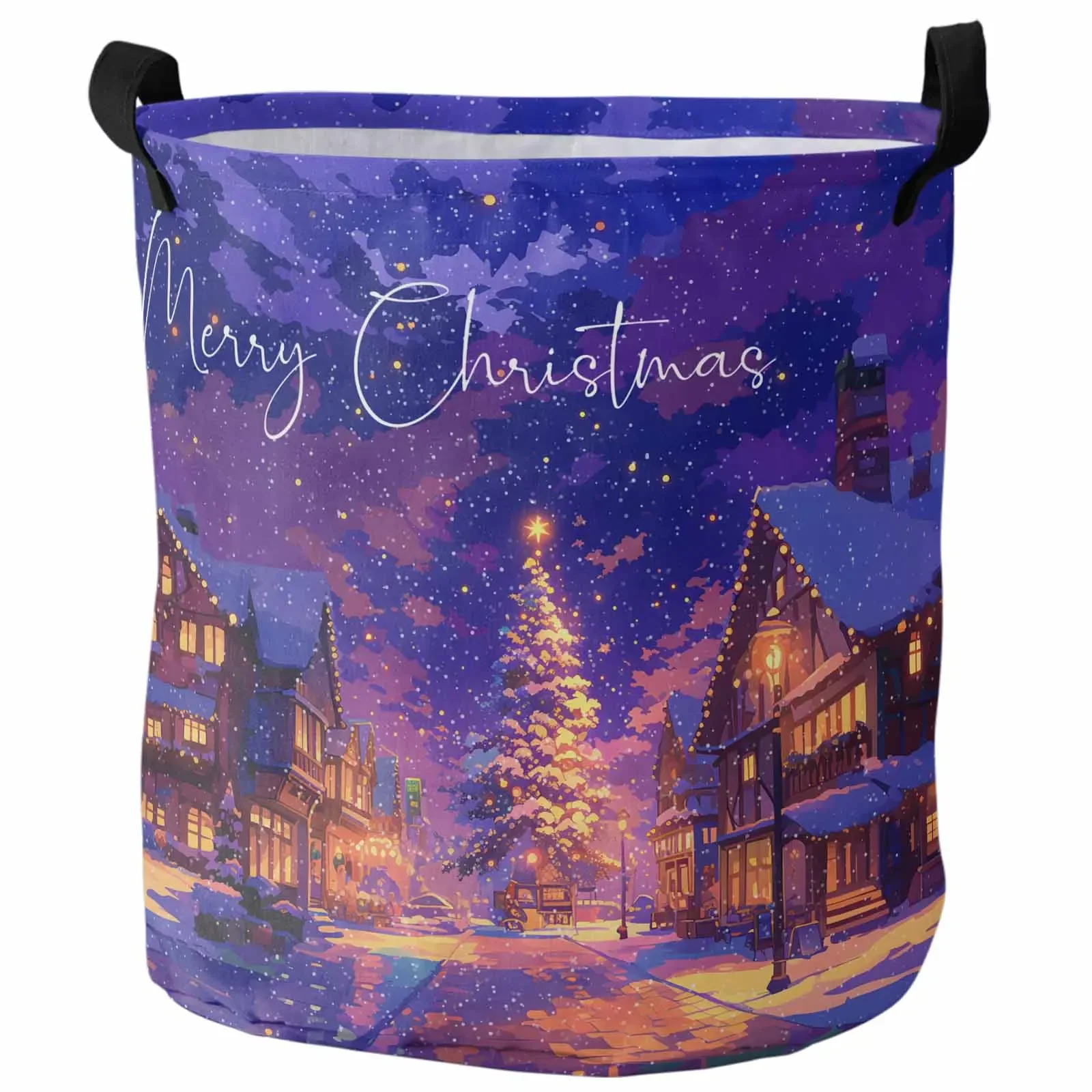 Street View,Night wView, WinterLaundry Basket Portable Foldable Household Laundry Storage Bag Oxford Cloth Dirty Clothes Basket