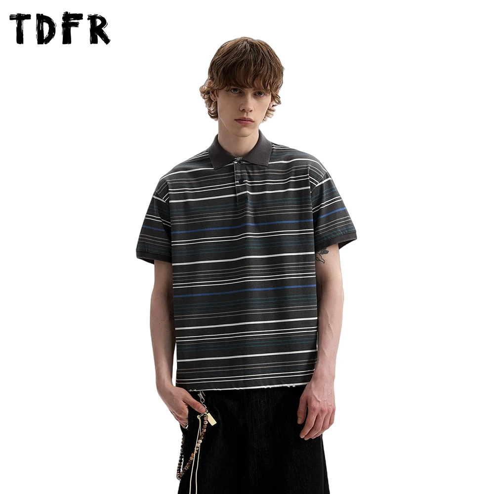 

Striped Short Sleeve Polo Shirts Mens Ripped Summer Retro Streetwear Half-Sleeve Baggy Tops Men Tee