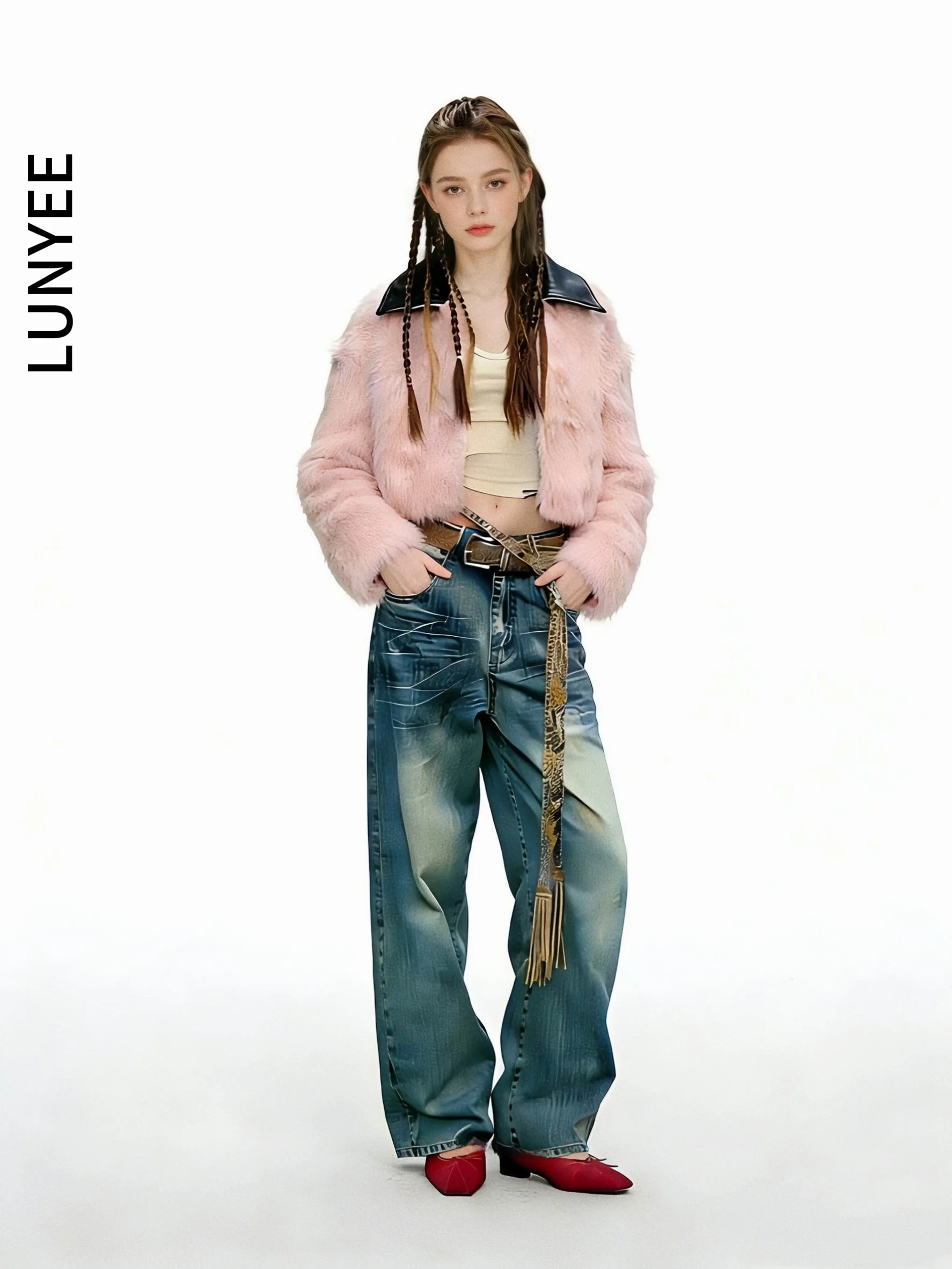 

LUNYEE25AW Экологичная шуба из искусственного меха, розовая, с комбинированными вставками, осенне-зимняя, новая, с оригинальным дизайном, верхняя одежда, женское модное пальто