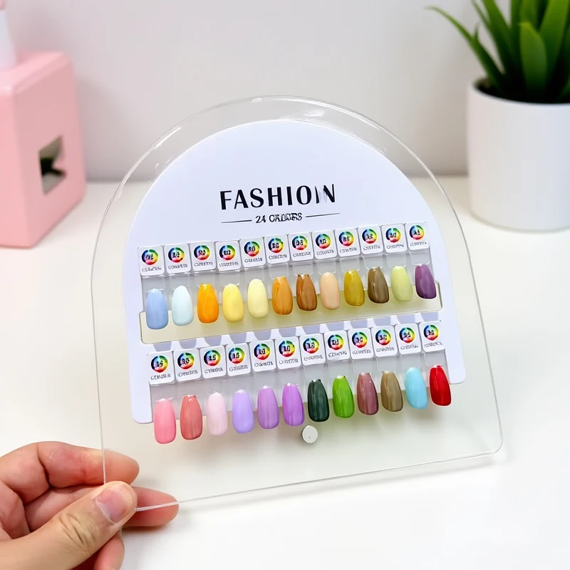 24 قطعة من أطراف الأظافر الصناعية المغناطيسية تعرض بطاقة اللون الطبيعي الشفاف، لوحة حامل طلاء الأظافر، مجموعة ممارسة مانيكير