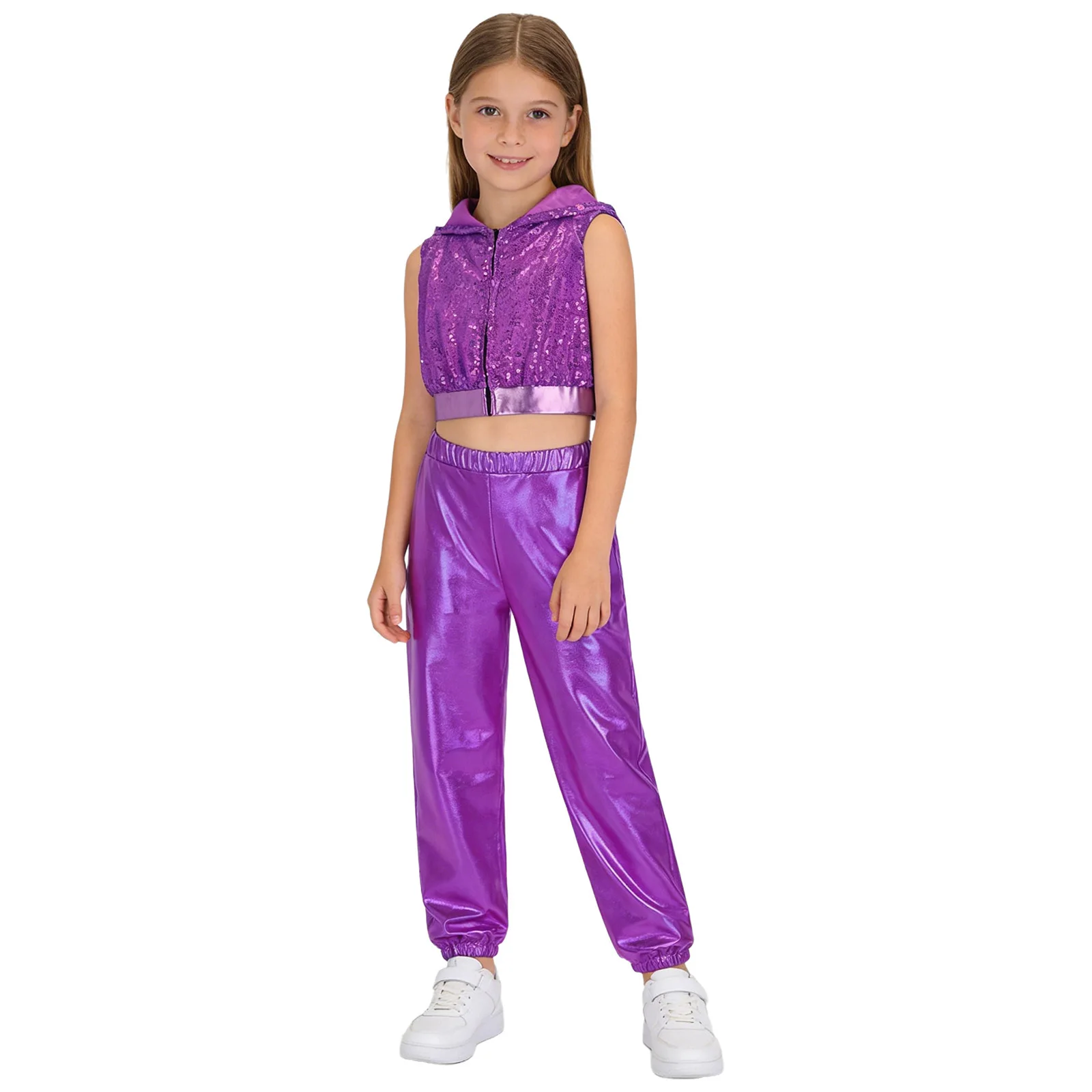 Kids Girls Hip-Hop Jazz Dance Modern Street Costume Outfits Sleeveless Sparkly Sequins Hooded Crop Top with Metallic Pants