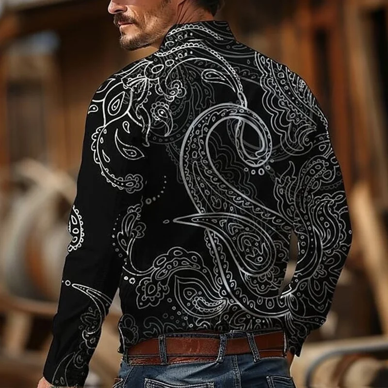 Men\'s Retro Western Cowboy style 3D printed Long Sleeve Shirt Outdoor Resort Horse Racing Spring Summer high quality lapel shirt