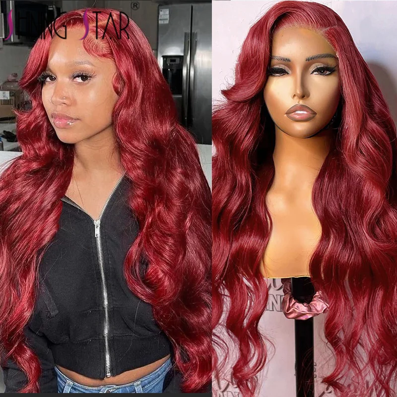 Super Long 32" 13X4 Body Wave Lace Frontal Wigs 99J Burgundy Lace Front Human Hair Wig Colored Transparent Curly Human Hair Wigs