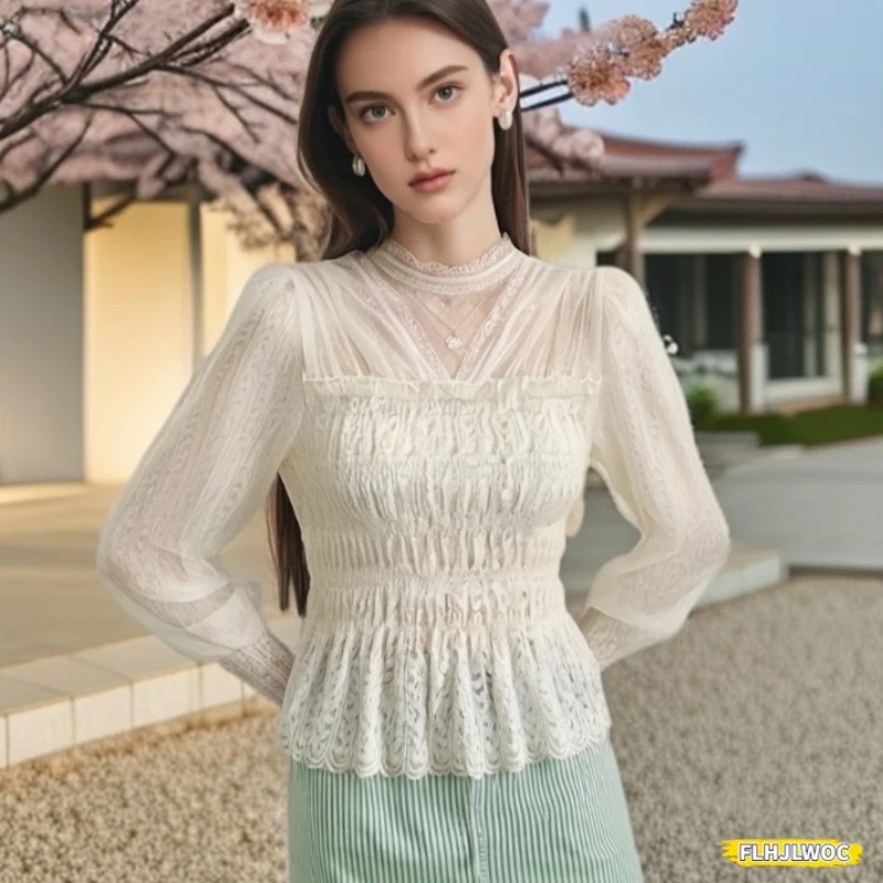 

Elegant White Lace Tops Blouse New Year Fashion Woman Romantic Christmas Solid Sheer Mesh Ruffles Top Basics Stand Collar Shirts