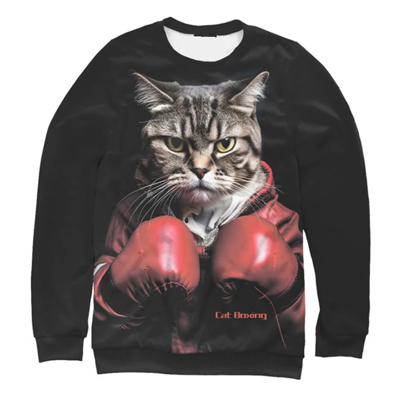 

Autumn And Winter Boxing Cat Pattern Men's Sweatshirts 3D Print Loose Long Sleeves Tops Casual Cute Animal Fashion Man Clothing