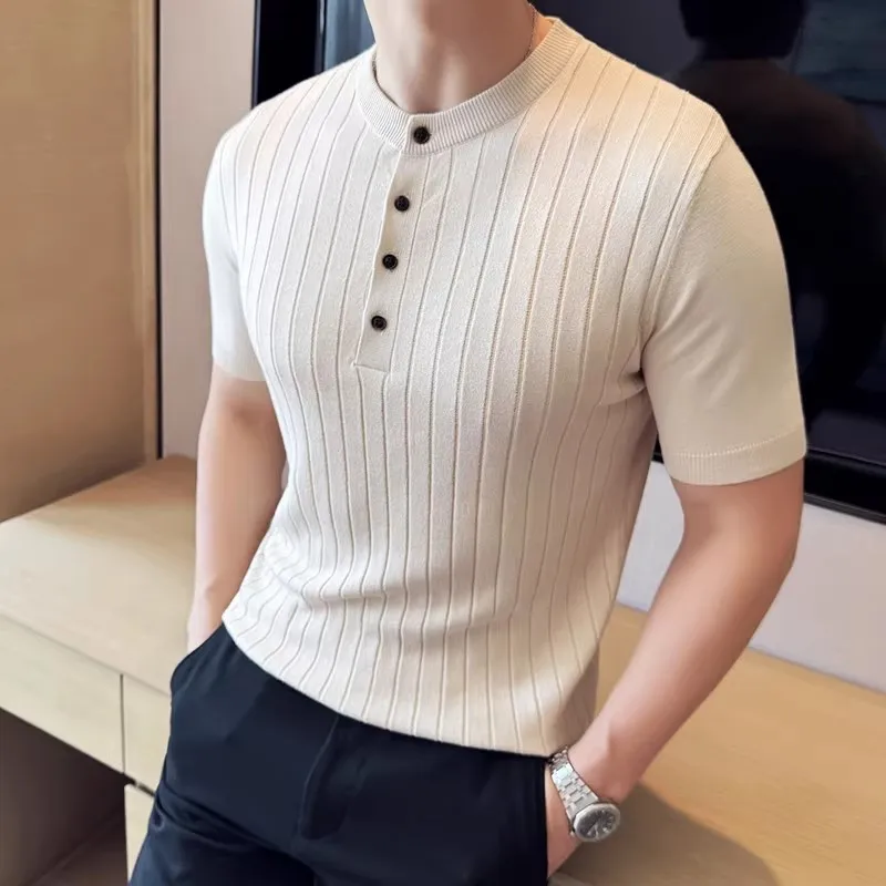 Summer Men's Fashion knitted Polo Shirt Solid Color Short Sleeve Smart Casual Polos Men Henry Collar Slim Fit Knit Tees Tops