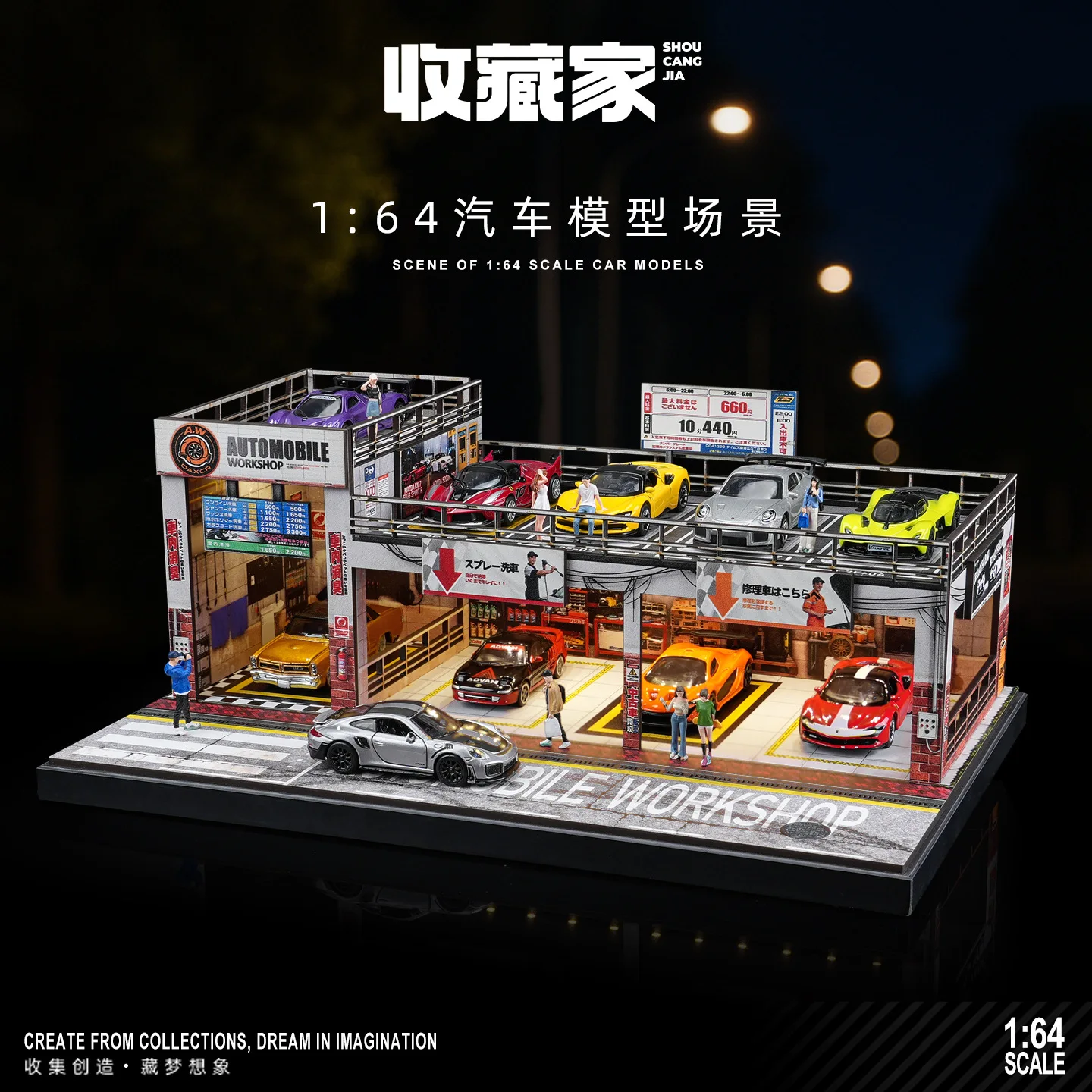 

Коллекционный гараж-диорама в американском стиле, масштаб 1:64, двухуровневая парковка, мастерская, для хранения и демонстрации моделей автомобилей