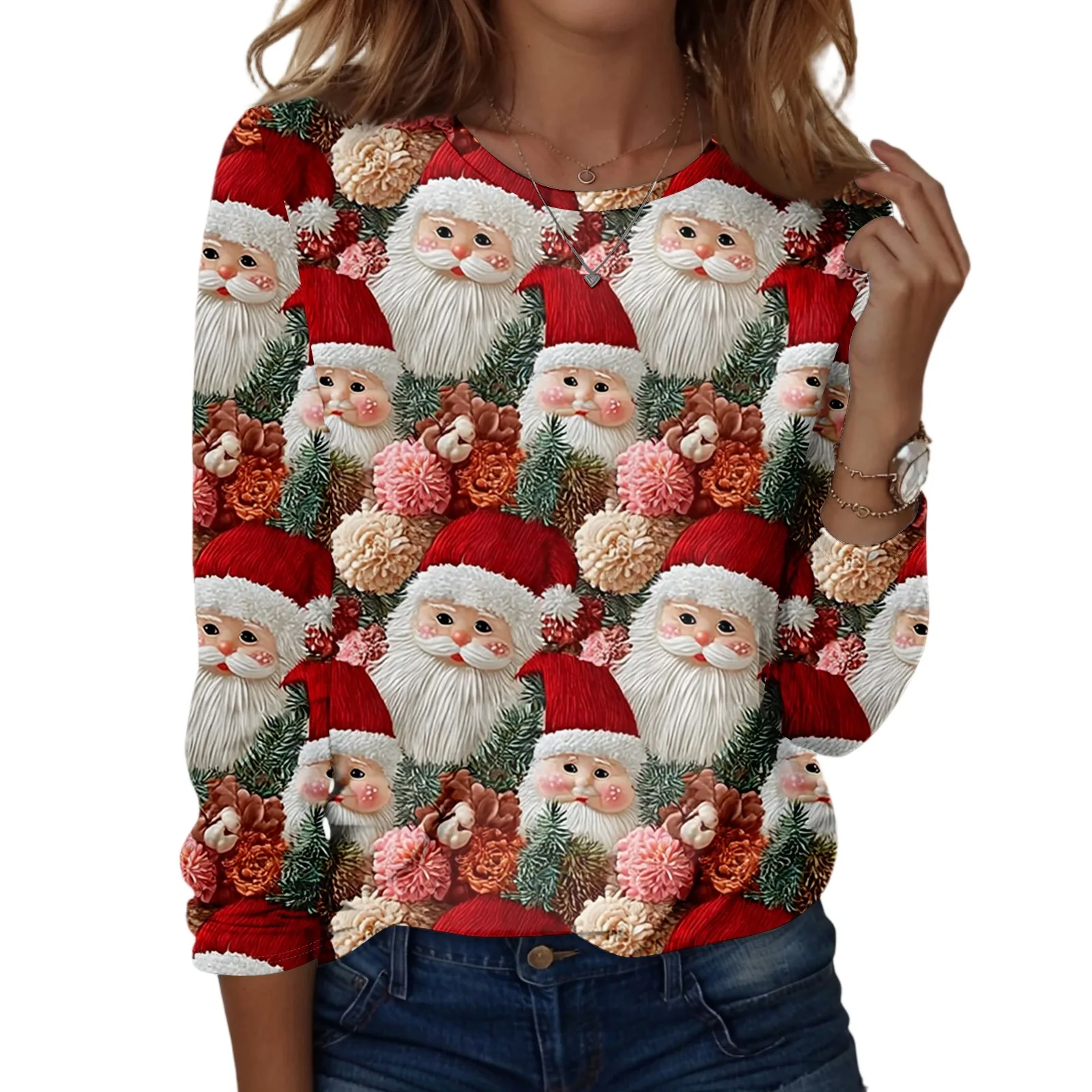 Pullover natalizio da donna alla moda, casual, a maniche lunghe, con stampa di albero di Natale, comodo girocollo