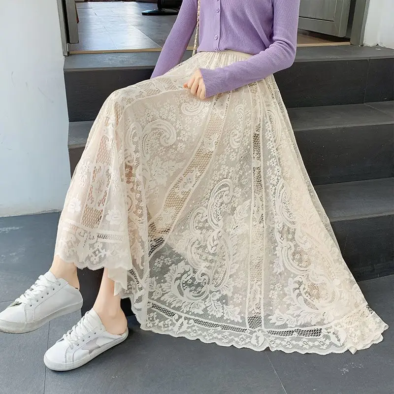 Fashion Elastic Waist Spliced Gauze Lace High Waist Skirt Women\'s Clothing 2024 Spring New Loose Solid Color Office Lady Skirts