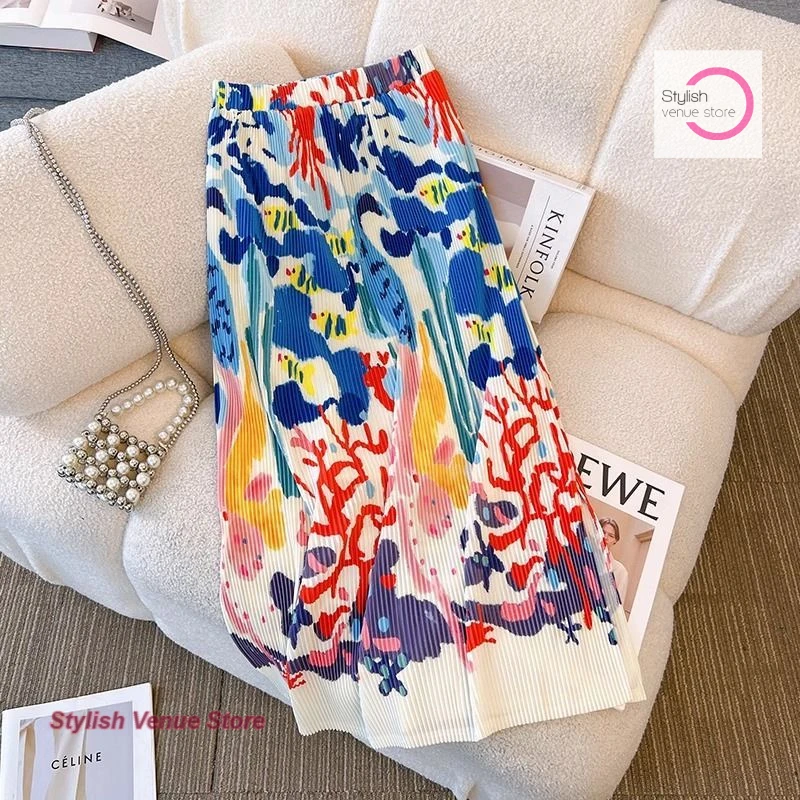Japanese Miyake pleated high waist new summer skirt women's spring and autumn high-grade printing slim casual pleated skirt