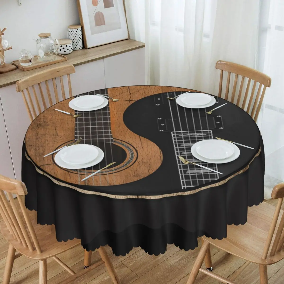 

Round Yin Yang Guitar Tablecloth Waterproof Oil-Proof Table Covers 60 inches Chinese Philosophy Table Cloth