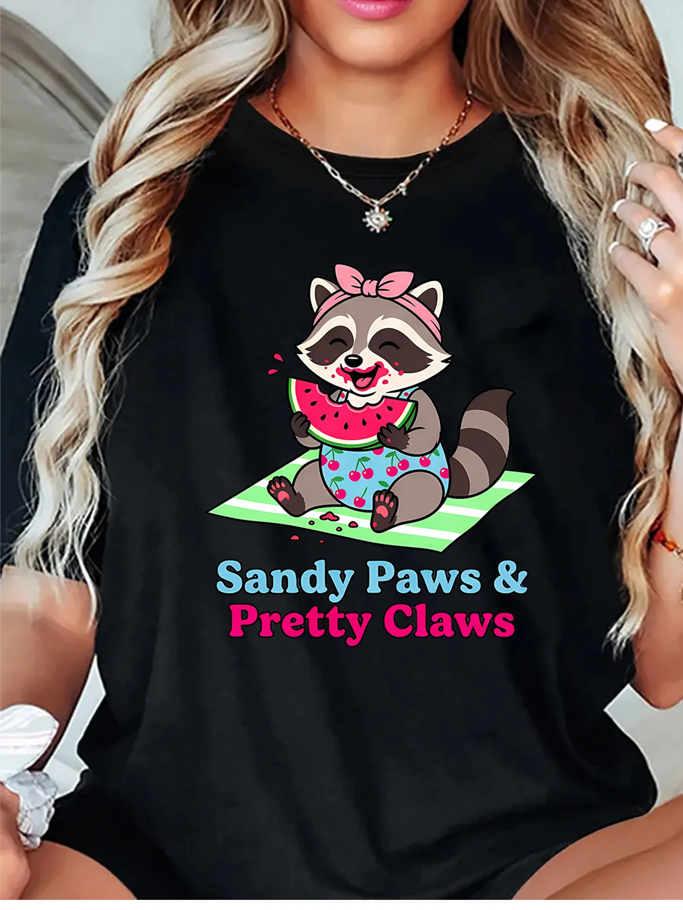Sandy Paws And Pretty Claws Cute Raccoon Watermelon Summer Graphic Womens T Shirt Short Sleeve Crew Neck Beach Ladies Tee Tops