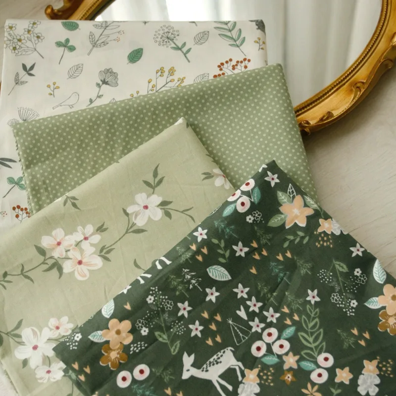 Green series Cherry Deer TwillCotton  Cloth Pastoral Sewing Accessories DIY Handmade By Half Meter 50*160cm