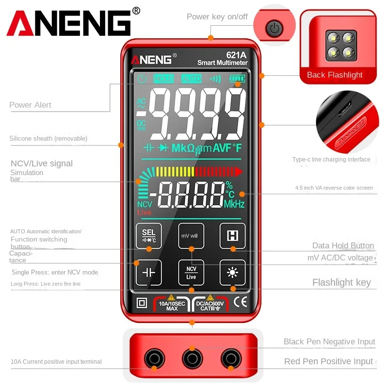 ANENG 621A Rechargeable Smart Large-screen Digital High-precision Fully Automatic Digital Display Multimeter Anti-burn