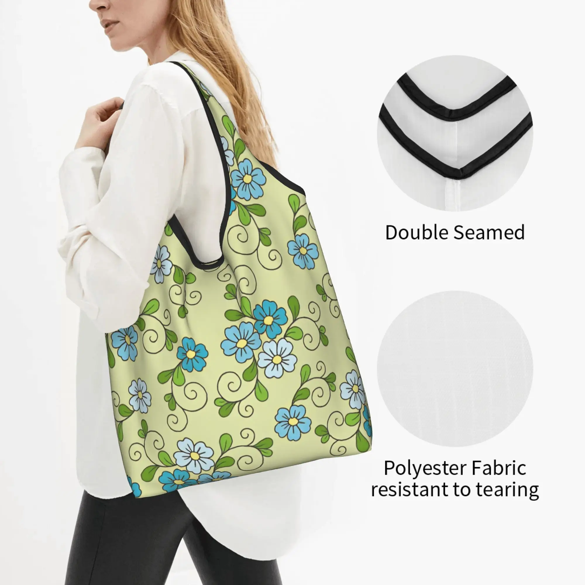 Reusable Blue Forget Me Not Flowers Shopping Bag Women Tote Bag Portable Seamless Floral Pattern Groceries Shopper Bags
