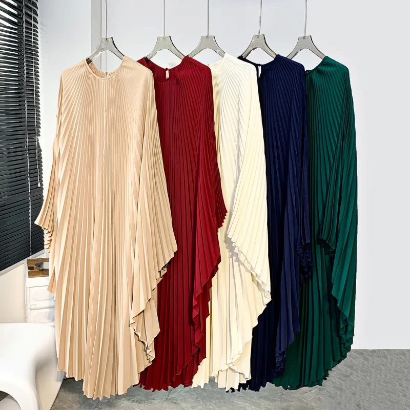 

Elegant Long Loose Women's Dress with Batwing Sleeves Pleated High Waist Polyester Fabric Casual Style Spring Collection