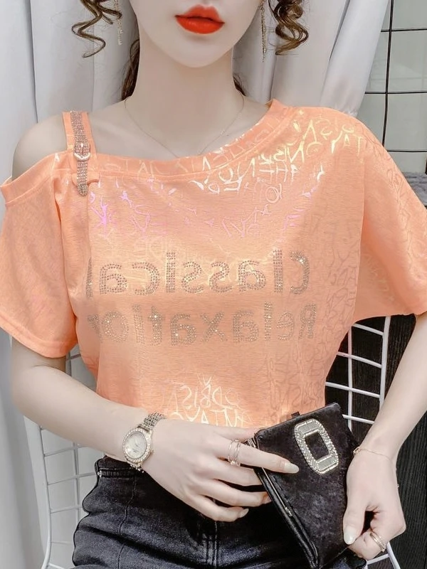 Summer New Women's Loose Fit T-Shirt Korean Style Shoulder Bared Short Sleeve Diamond Heat Pressed Design Versatile Casual Top