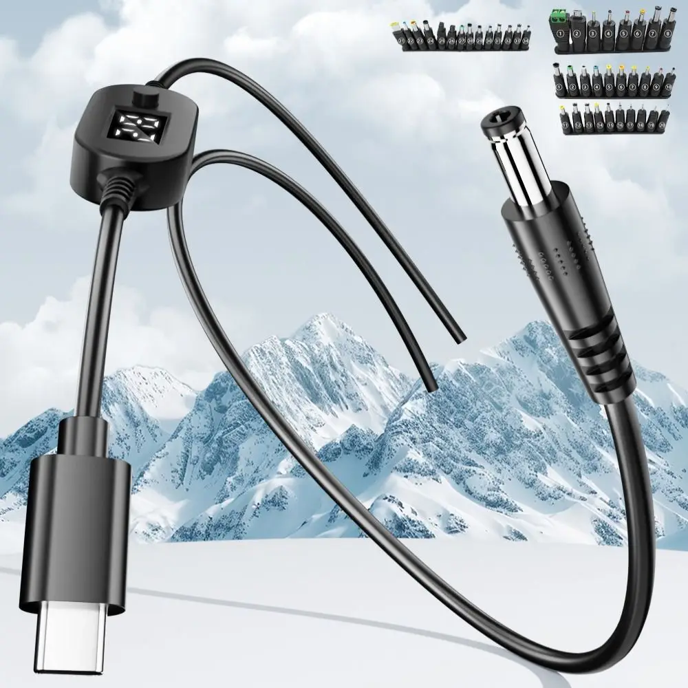 Digital Display USB C to DC 5525 Converter 5V/9V/12V/15V/20V with 28/34 Connector Tips Type-C to DC Power Cord