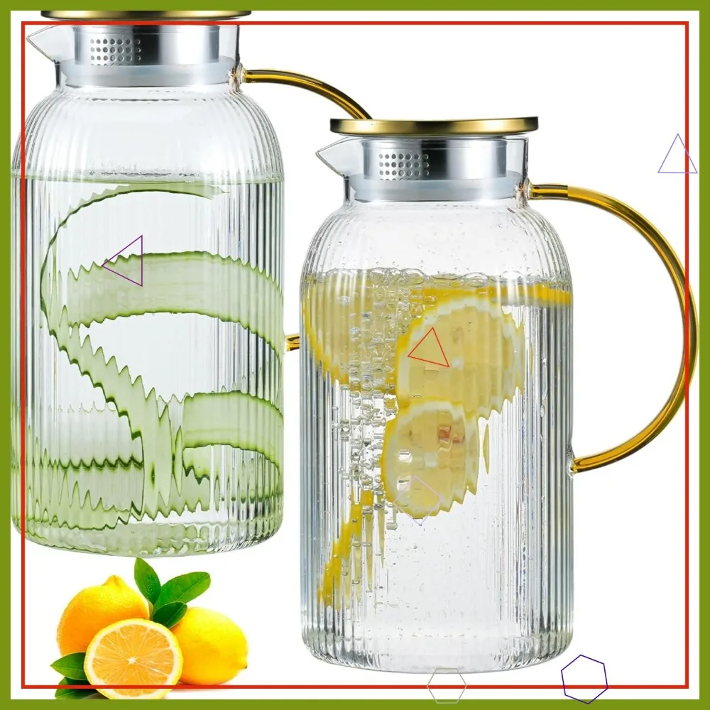 

2-Pack Glass Pitcher with Lid, 68oz Heat Resistant Borosilicate Carafe for Hot/Cold Drinks, Ideal Gift