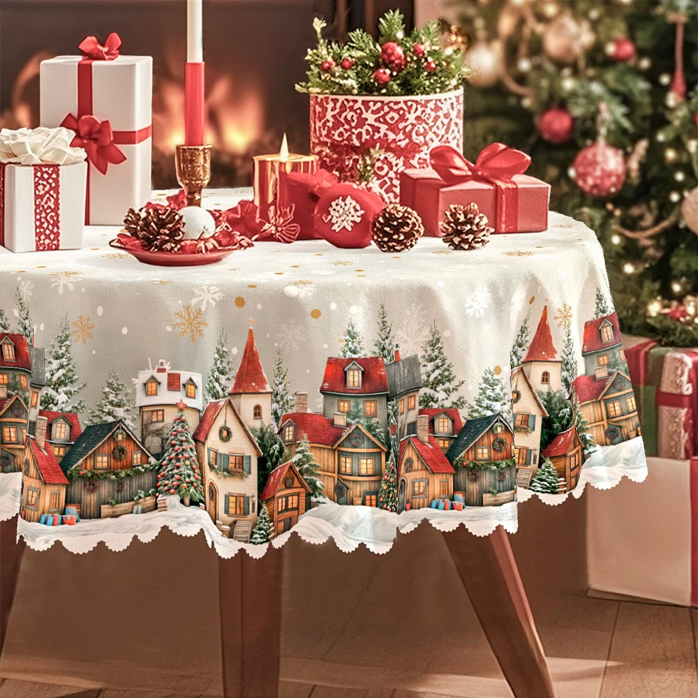 Christmas, pastoral tablecloths, white and red decorations, gifts and Christmas tree and house pattern tablecloths